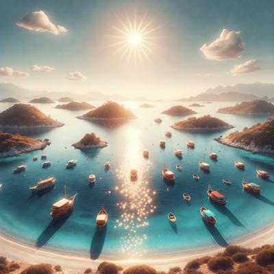 The primary subject of the image is a large body of water with numerous boats floating on it. The setting is a beautiful beach with a clear blue sky above. The visual style of the image is a combination of photo and digital art, creating a vibrant and lively atmosphere. The colors and mood of the image are predominantly blue and sunny, evoking a sense of relaxation and enjoyment.